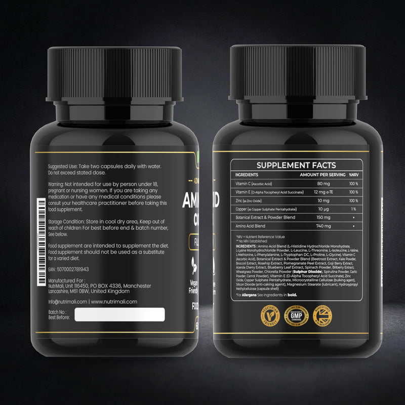 Amino Acid Supplements – Full Spectrum All BCAA, EAA + Vitamin C & Botanical Blend – High Strength, Free Form – 60 Vegan Capsules | By NutriMali