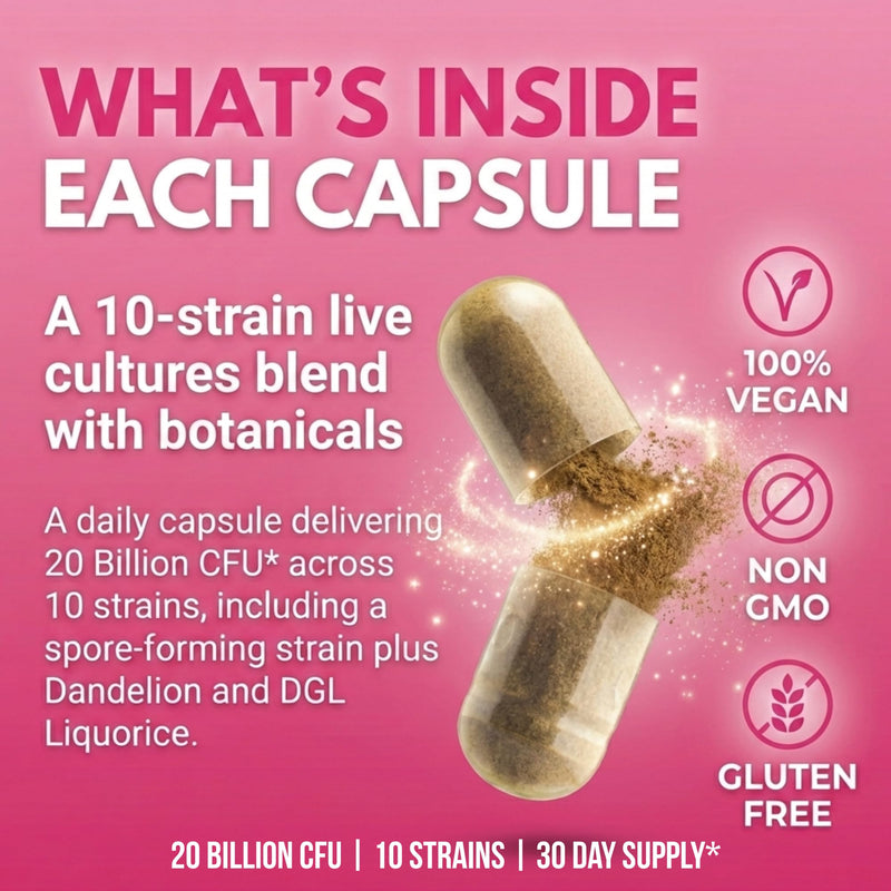 Women’s Live Cultures Complex 20 Billion CFU | 10 Strains | Multi Strain Bio Cultures with Lactobacillus, Bifidobacterium & Bacillus Coagulans + Dandelion & DGL Liquorice | Vegan 30 Day Supply