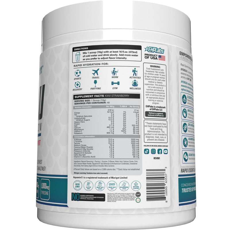 EHP Labs Hydreau Electrolytes Powder No Sugar - Hydration Powder for Endurance & Energy - Electrolyte Powder for Men & Women - Sugar Free Electrolytes - Kiwi Strawberry (40 Serves) 40 Serves