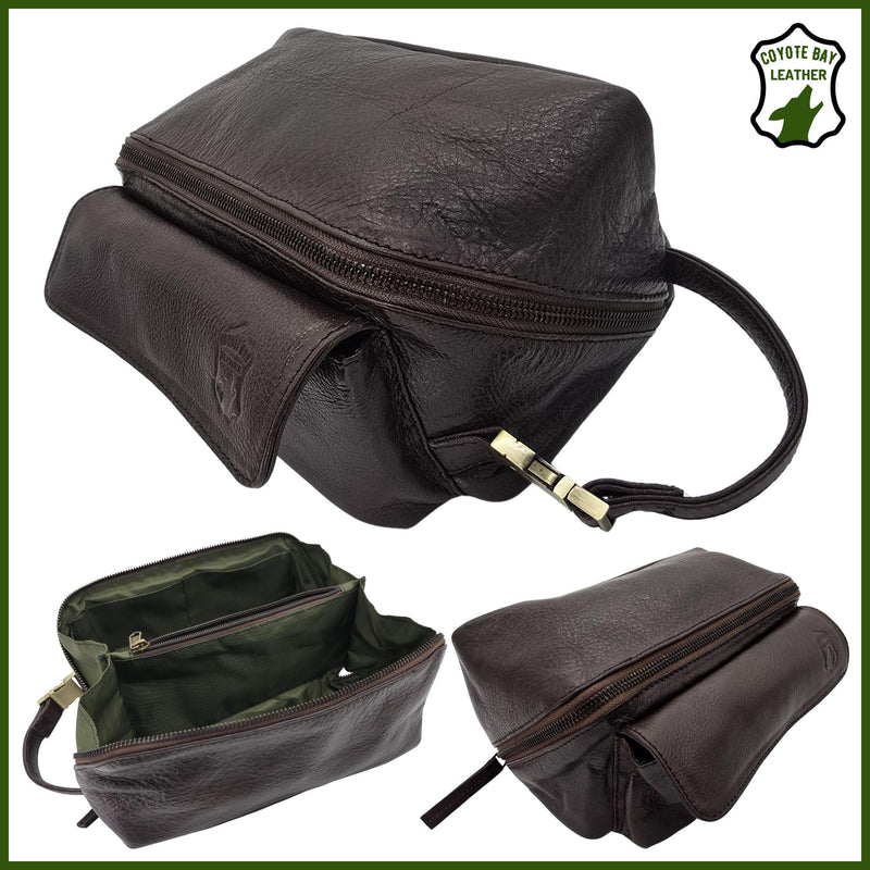 Coyote Bay® Flypouch Premium Full Grain Soft Leather Toiletry Bag, Large 9 Inch, Makeup Bag, Travel Organizer Pouch, Shaving Kit, Cosmetics Toiletry Bathroom Organizer (Brown, Large) Brown