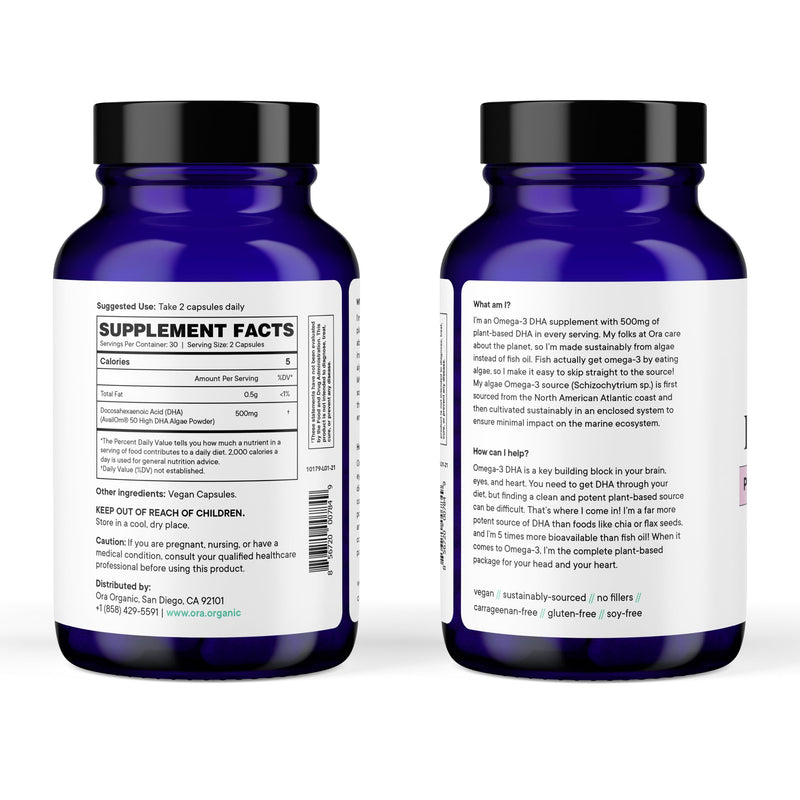 [Australia] - Ora Organic Vegan Omega 3 Supplement - 500mg DHA for Brain, Eye, and Heart Health - Made from Sustainable Algae - 60 Capsules 