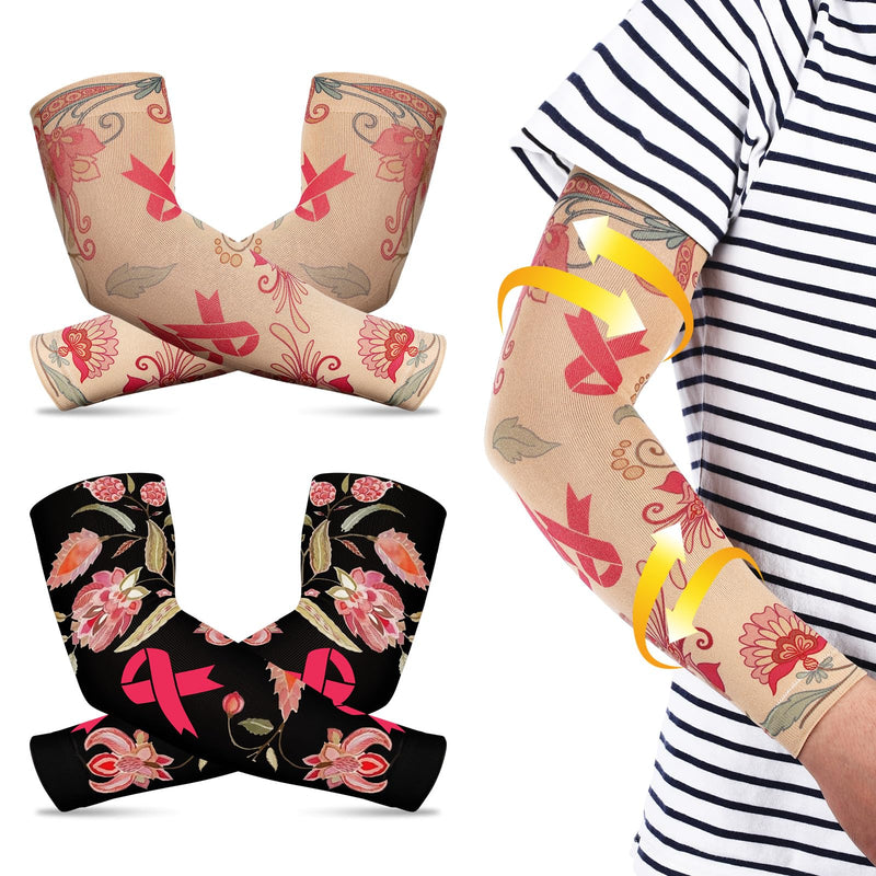 2 Pairs Lymphedema Compression Arm Sleeves Breast Cancer Awareness Sleeves Floral Arm Sleeves Tattoo Sleeve Gardening Sun Protection Sleeves Sport Sleeves for Women Men