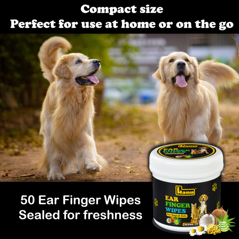 Hanu Ear Finger Wipes for Dogs & Cats Gently Remove Dirt, Wax & Debris - Relieve Ear Itching & Discomfort, Sooths & Deodorizes - All Natural Ingredients - Vet Recommended - 50 Count - PawsPlanet Australia