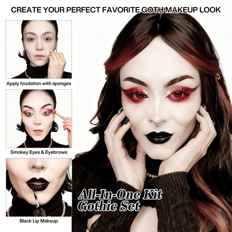 [Australia] - Afflano Goth Makeup Kit Halloween Costume, SFX Clown Goth White Foundation Face Paint, Lipstick Black Red Eyeshadow, False Eyelashes Nail Eyeliner Eyebrow Carnival Theater Emo Mime Ghost Gothic Makeup 