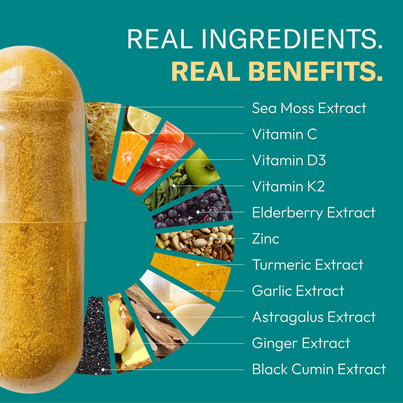 TrueSeaMoss Vitamin D3 K2 Capsules – Bone Health Support & Calcium Absorption for Men & Women – with Sea Moss, Zinc, Turmeric & Vitamin C – 90 Count, 45 Day Supply 1 Count (Pack of 90)