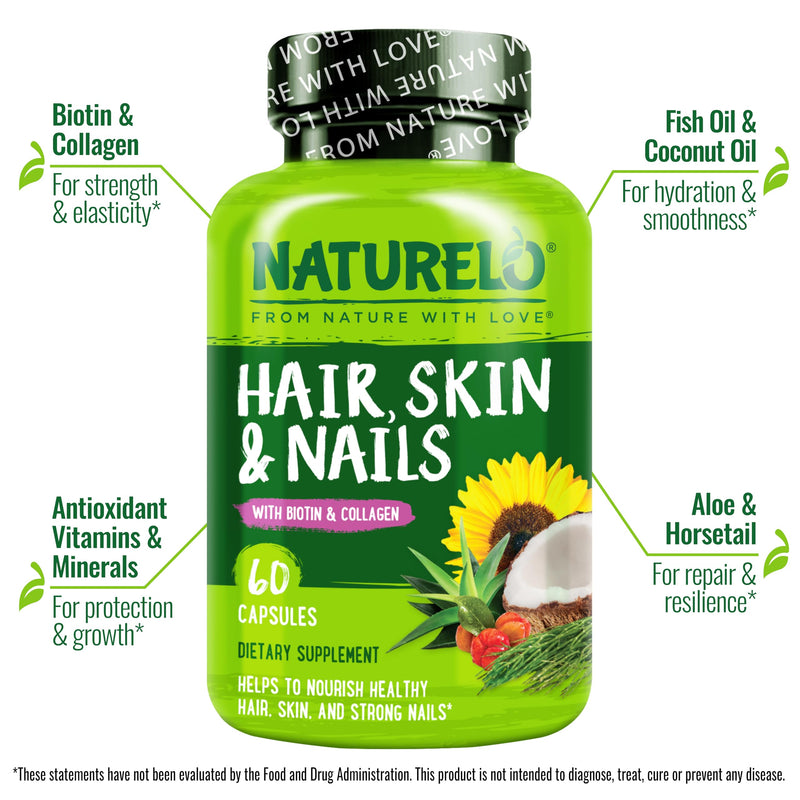 NATURELO Hair, Skin and Nails Vitamins - Biotin, Collagen - 60 Capsules | 5000 mcg, natural vitamin E, healthy skin, hair growth supplement for women and men Unflavored 60 Count (Pack of 1)