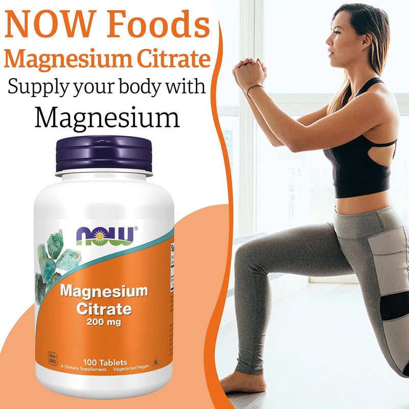 Now Foods, Magnesium Citrate, 200mg Magnesium, 100 Vegan Tablets, Lab-Tested, Vegetarian, Gluten Free, Soy Free, Non-GMO 100 count (Pack of 1)