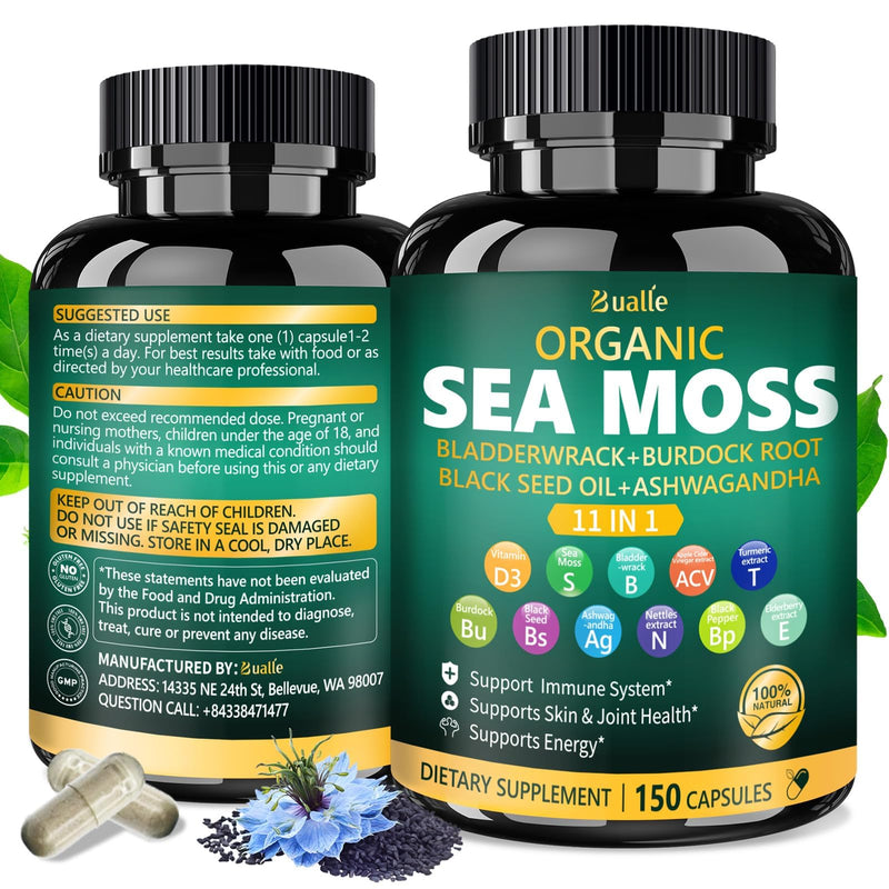 Sea Moss Capsules 11-in-1 for Energy Boost, Vegan | With Vitamin D3, ashwagandha, black seed, mineral complex, bladderwrack, and burdock root for daily wellness 150 Count