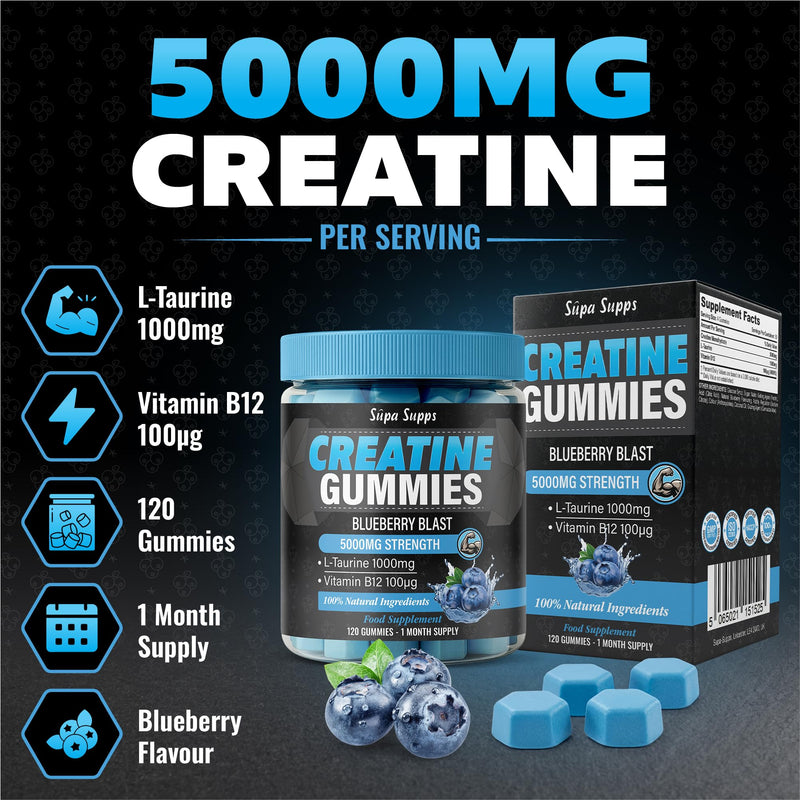 Creatine Gummies Blueberry Flavour, 5000mg Creatine Monohydrate Gummies + L Taurine and Vitamin B12, 120 Count, 30 Day Supply, Gym Training, Strength Performance & Daily Training Fuel for Weight Gain