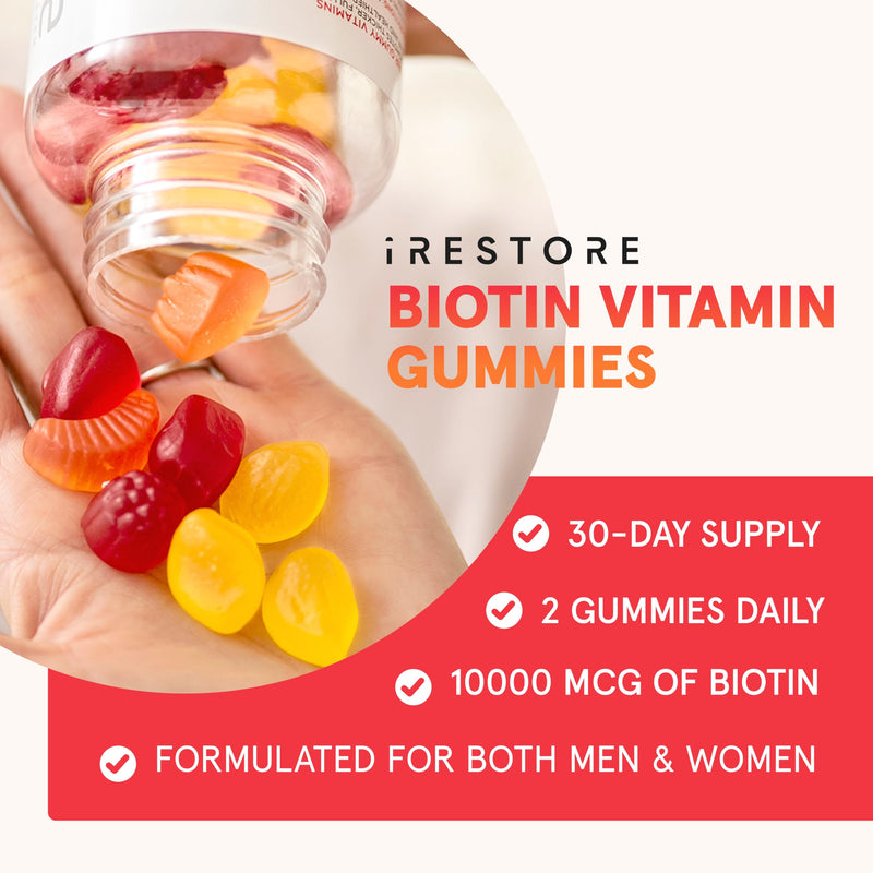 iRestore Biotin Gummies 10,000 mcg - 3 Natural Fruit Flavors, Hair Vitamins Multi Supplement for Hair Skin and Nails for Women & Men, 60 Vegan Gummies, 30 Day Supply 1