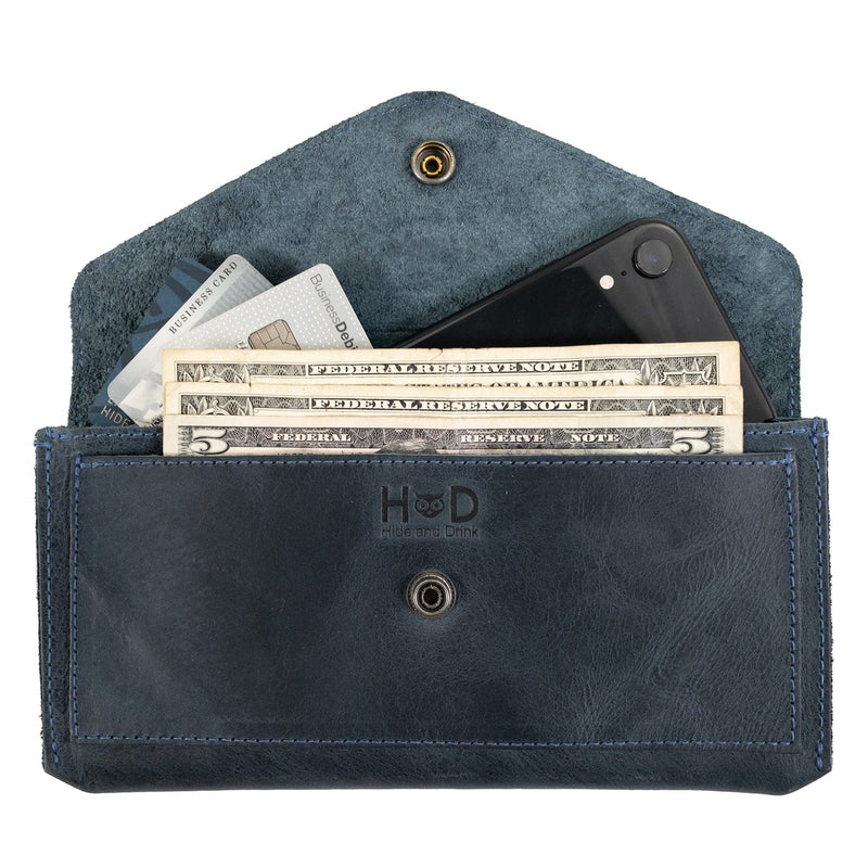 Hide & Drink, Full Grain Leather Large Female Wallet, Travel Organizer for Women, Vintage Money and Card Holder, Handmade, Slate Blue