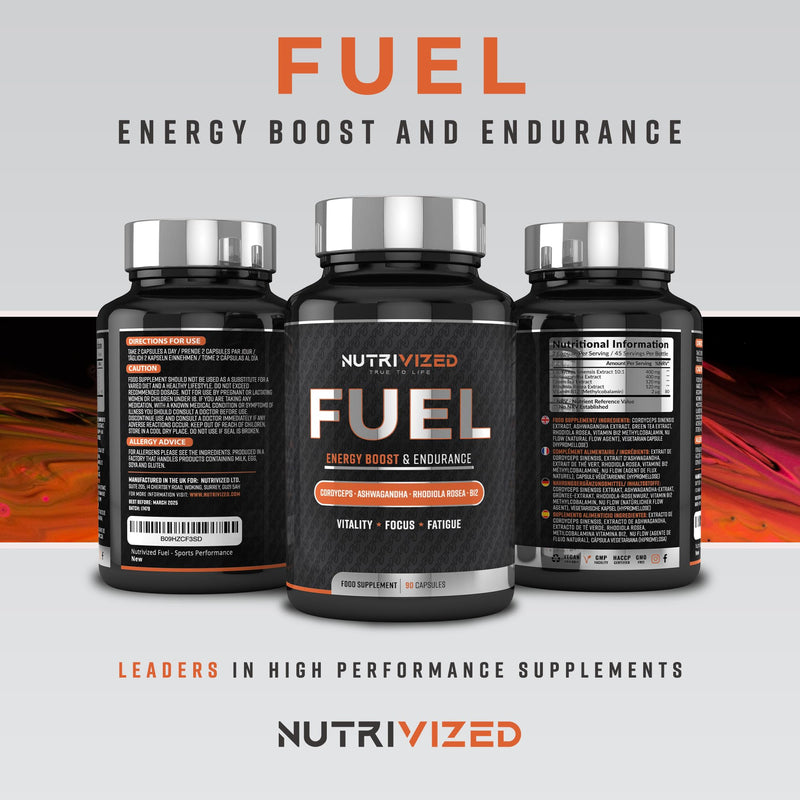 Fuel for Maximum Energy - Ashwagandha & Cordyceps Mushroom, Endurance, Focus and Clarity + Green Tea Extract - Rhodiola Rosea - Vitamin B12 – Vegan 90 Capsules - Made in the UK