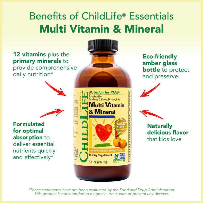 [Australia] - CHILDLIFE ESSENTIALS Kids Multivitamin & Mineral - Kids Vitamins, Liquid Multivitamin for Kids, Toddler Multivitamins, Liquid Vitamins, Baby Multivitamin - Natural Orange & Mango, 8 Fl Oz (Pack of 1) Orange Mango 8 Fl Oz (Pack of 1) 