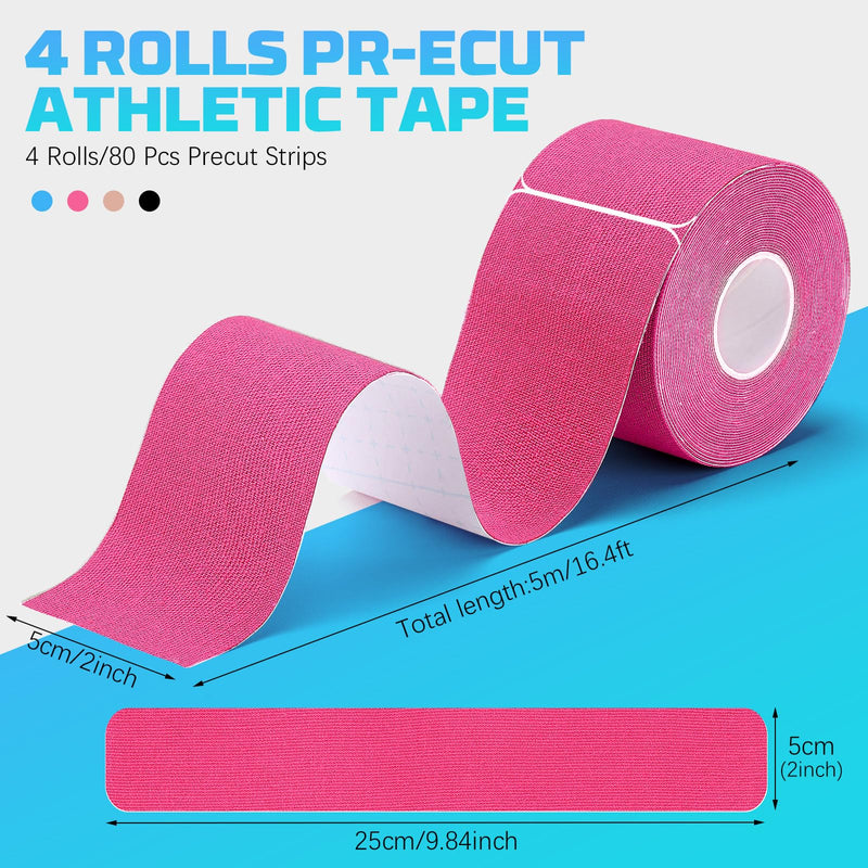 [Australia] - 4 rolls of kinesiology tapes pre-cut, 80 strips of sports tape 5 cm x 25 cm kinesiology tape, elastic, waterproof, skin-friendly physio tape with scissors for sports for elbows, knees, shoulders 