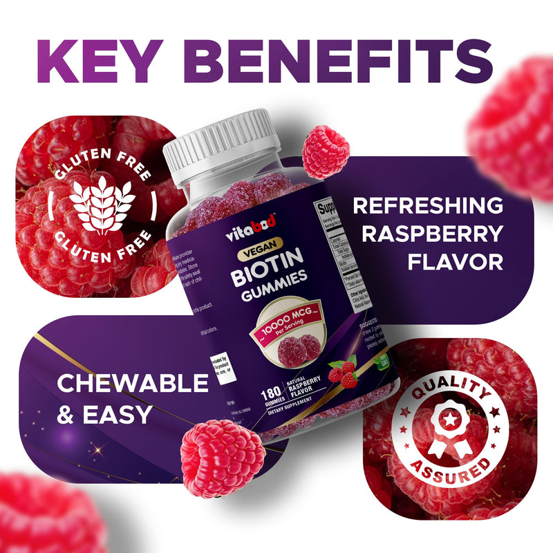 Vitabod Biotin Gummies 10,000 mcg – 180 Vegan Gummies Hair, Skin & Nails Support for Women, Men & Kids – Non-GMO, Gluten-Free, Delicious Flavor