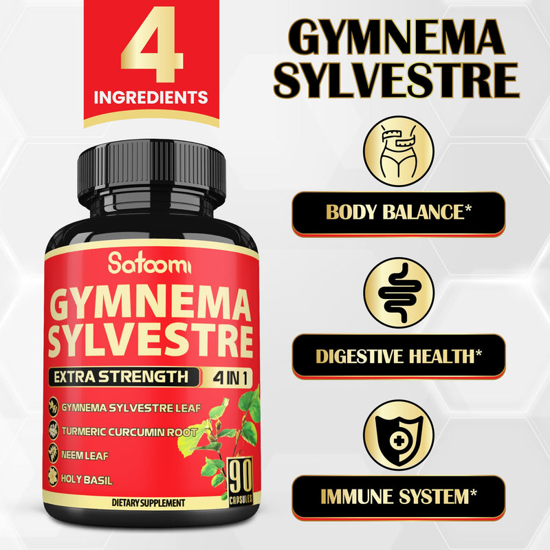 [Australia] - Satoomi Pure Gymnema Sylvestre Capsules Extract - 90 Capsules for 3-Month - Combined with Neem Leaf, Holy Basil & Turmeric Curcumin Root 