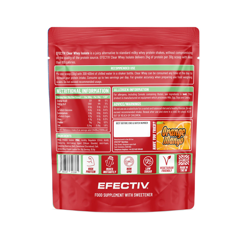 Efectiv Nutrition Clear Whey Isolate Protein Powder 600g - Whey Isolate with 24g Protein per 30g Scoop, Less Than 100 Calories - Juicy Alternative (600g, Strawberry Watermelon)