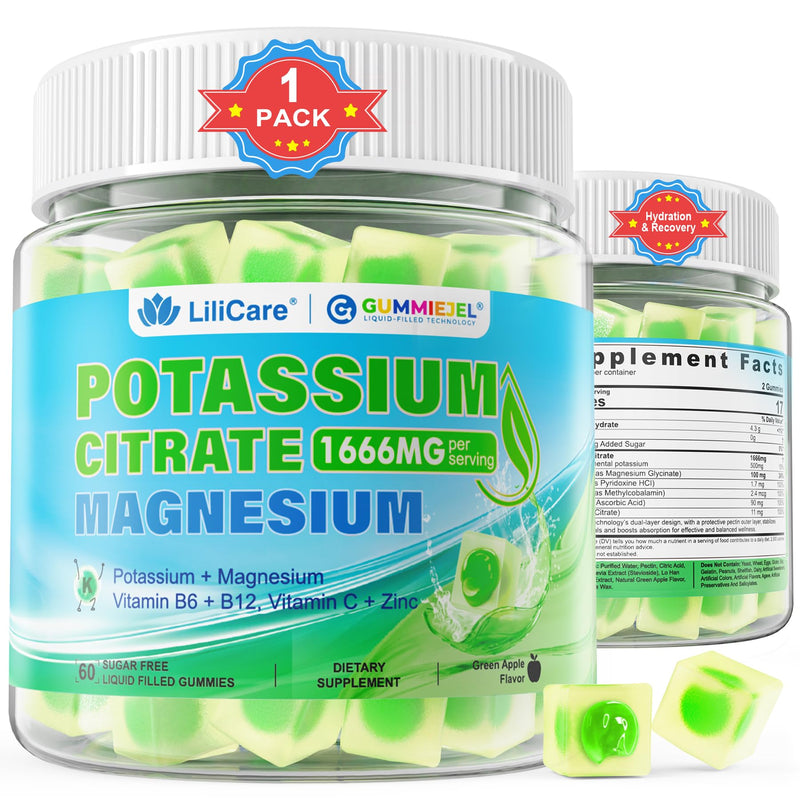 [Australia] - Potassium Citrate Gummies 1666mg for Adults - Potassium Supplement, Magnesium Glycinate, Zinc, B6, B12 & C ‚Äì Electrolyte Gummies for Energy, Recovery & Leg Cramps, Vegan 60 Cts 60 Count (Pack of 1) 