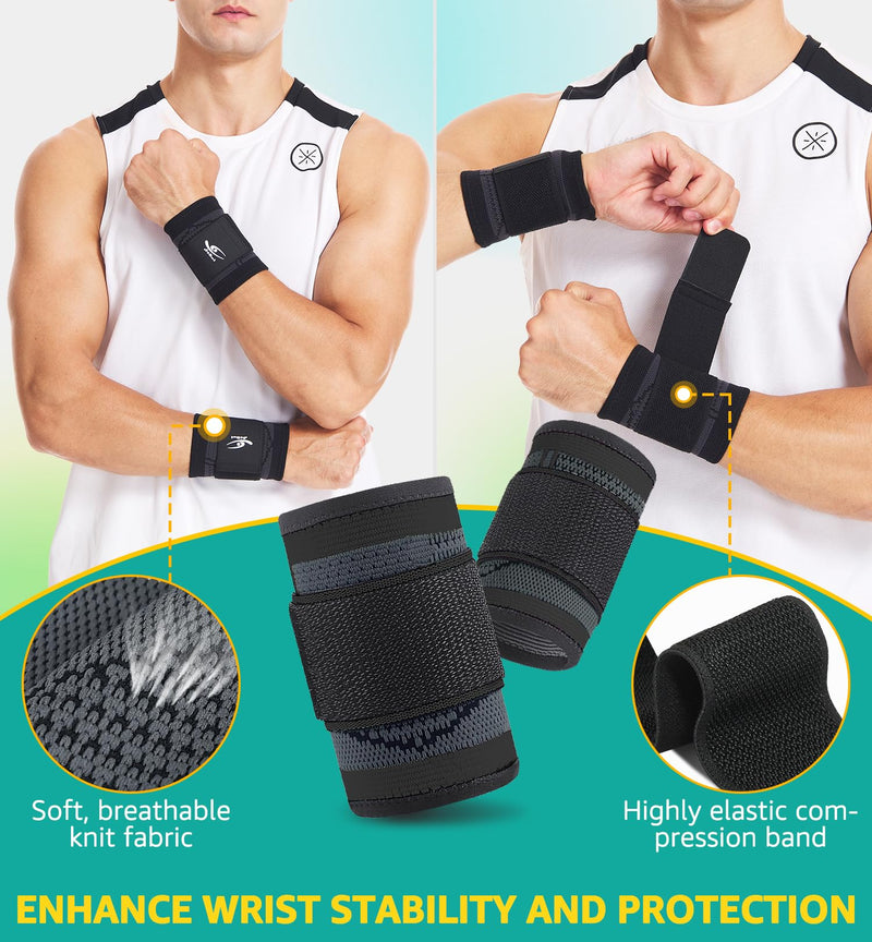 HiRui Wrist Brace Wrist Wraps Compression Wrist Strap, Wrist Support for Work Fitness Weightlifting Sprains Tendonitis, Carpal Tunnel Arthritis, Pain Relief, Adjustable Wristbands 2 PACK (Black, L) Black Large (Pack of 2)