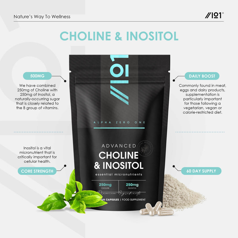 Choline & Inositol 250/250mg – 60 Vegan Capsules – Supports Metabolising Nutrients - Improves Transport of Fat for a Clear Liver – by Alpha01