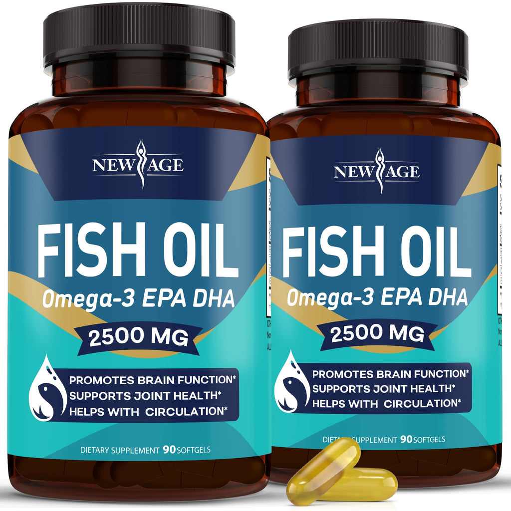 NEW AGE Omega 3 Fish Oil 2500mg Supplement Immune & Helath Support – Promotes Joint, Eye & Skin Health - Non GMO - EPA, DHA Fatty Acids Gluten Free (180 Softgels (Pack of 2)) 180 Softgels (Pack of 2)