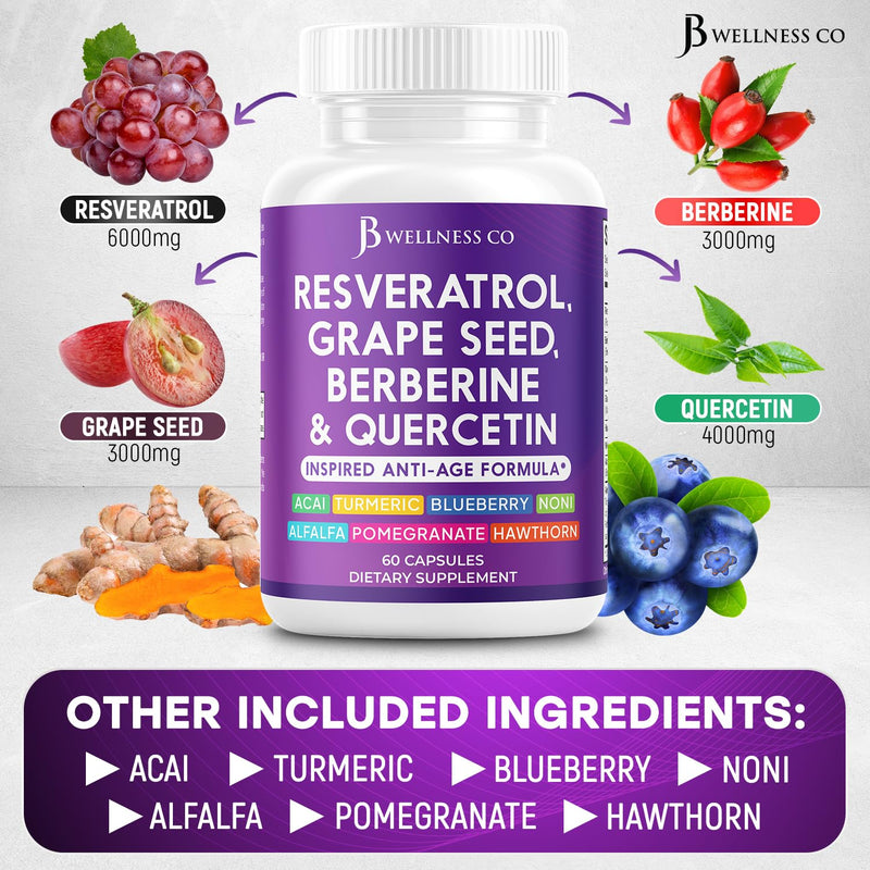 [Australia] - JB Wellness Resveratrol, Grape Seed Extract, Berberine, Quercetin - Polyphenol Supplement for Women and Men with Noni Extract, N-Acetyl Cysteine, Acai Extract - 180 Capsules 60 Count (Pack of 3) 