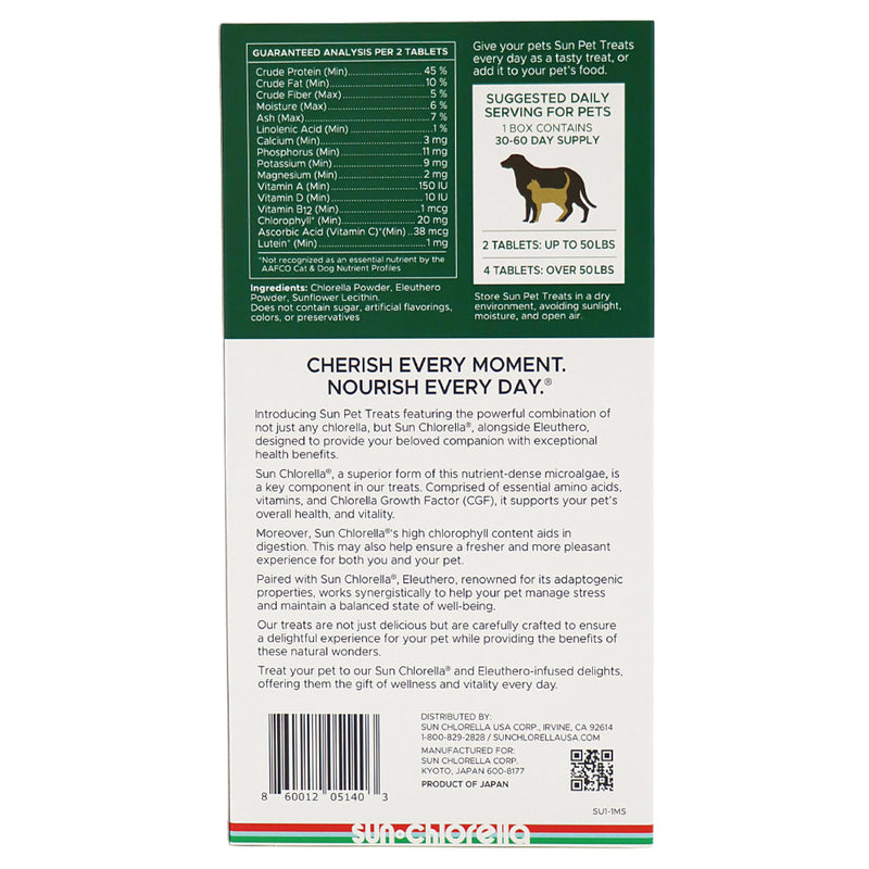 Sun Chlorella Sun Pet Treats Green Superfood Cat & Dog Supplement - Chlorophyll Eleuthero & Lecithin, Minerals, Antioxidants & Vitamins for Dogs & Cats - Immune Defense, Skin & Gut Health - 120 Bites - PawsPlanet Australia