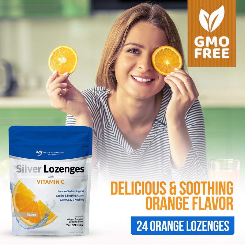 [Australia] - Silver Lozenges with Vitamin C - Premium Nano Silver 60 PPM Colloidal Silver, Organic Honey and Vitamin C Mineral Supplement Drops to Support Immune System, Soothe Cough & Throat - 24 Orange Lozenges 24 Count (Pack of 1) 