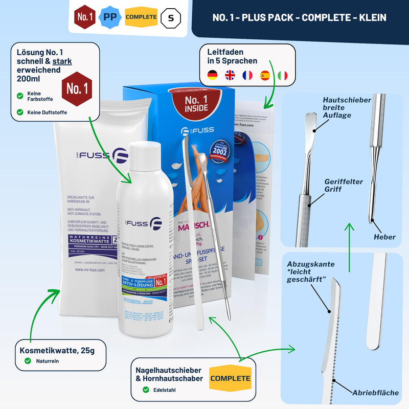 [Australia] - Mr. Fuss® No. 1 - Plus Pack Complete - Small, cuticle callus remover economy package 4 pieces. Active solution, quick & strong emollient - 200 ml, cotton wool, cutlery set 