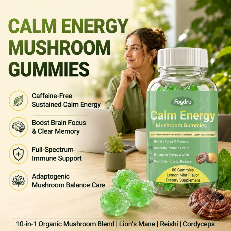 Calm Energy Mushroom Gummies with 10 Mushroom Blend, Magnesium L-Threonate, Vitamin C & D3 | for Focus, Memory, Immune Support & Balanced Calm Energy, Lemon Mint Flavor, 80 Gummies