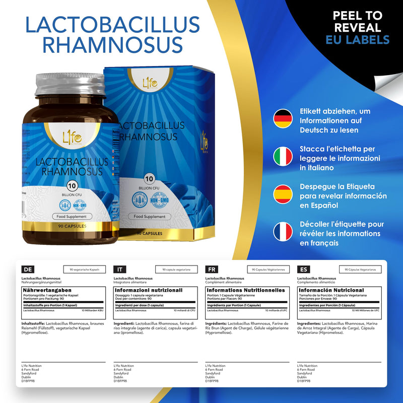 LN Lactobacillus Rhamnosus | 90 High Strength Lactobacillus Probiotic Capsules - 10 Billion CFU L-Rhamnosus Probiotics per Serving | Non-GMO, Gluten, Dairy & Allergen Free | Made in The UK