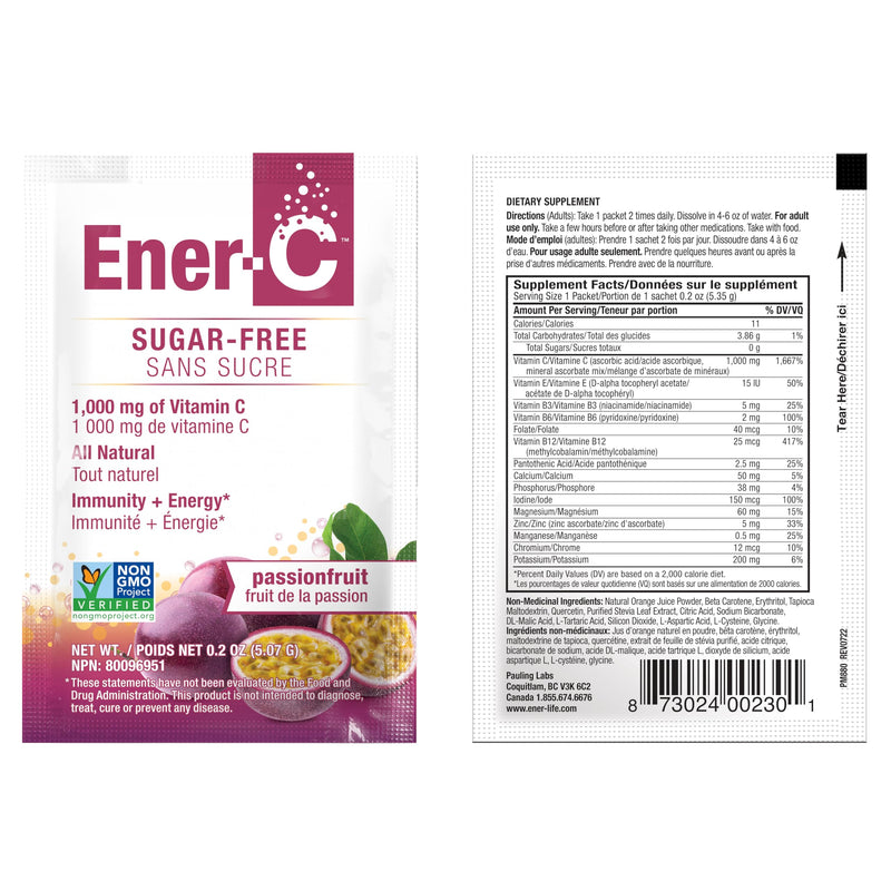 Ener-C Sugar Free Multivitamin Drink Mix - Passionfruit, 60 Count | Vitamin Powder for Water, Electrolytes Powder No Sugar, Hydration Boost Packets, Zero Sugar, Vitamin C & B12 Passion Fruit 9.2 Ounce (Pack of 2)