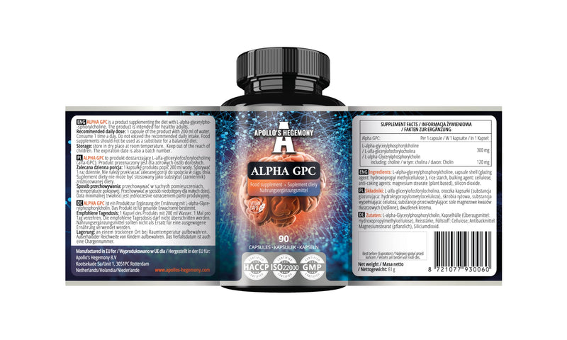 Alpha-GPC 600mg per Daily Dose - 90 Vegan Choline Capsules - 99% Choline Alfoscerate Dietary Supplement - Lipid Choline - Memory and Concentration Capsules - by Apollo's Hegemony