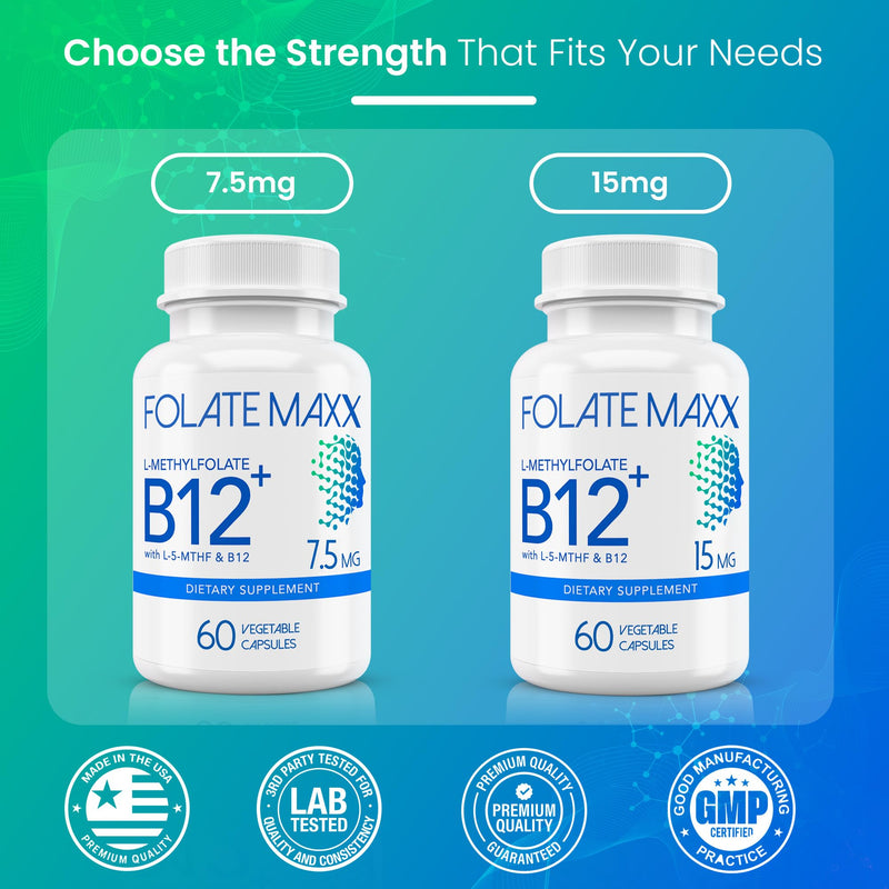 FolateMaxx L Methylfolate 15mg Plus B12 Methyl - 60 Capsules - 5-MTHF with B12 Methylcobalamin Supplement for Mood, Methylation and Cognition - Bioactive Forms of Vitamin B9 & B12-2 Month Supply