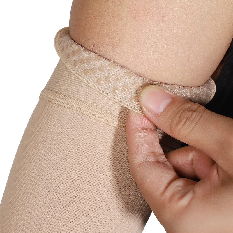 [Australia] - MGANG Lymphedema Compression Arm Sleeve for Women Men, Opaque, 15-20 mmHg Compression Full Arm Support with Silicone Band, Relieve Swelling, Edema, Post Surgery Recovery, Single Beige M Medium(Single) Beige (15-20 Mmhg With Silicone Band) 