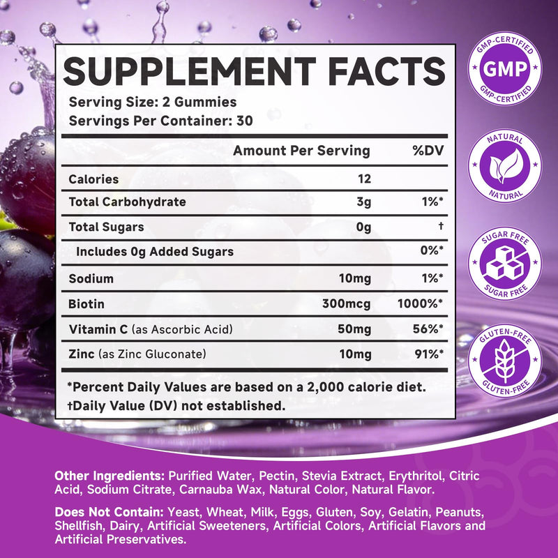 Sugar Free Biotin Hair, Skin & Nails Gummies, Supports Healthy Hair, Skin and Stronger Nails, with Vitamin C, Zinc Chewable Vitamin B7 Supplements for Women & Men, Vegan, Non-GMO, Grape, 60 Count 60 Count (Pack of 1)