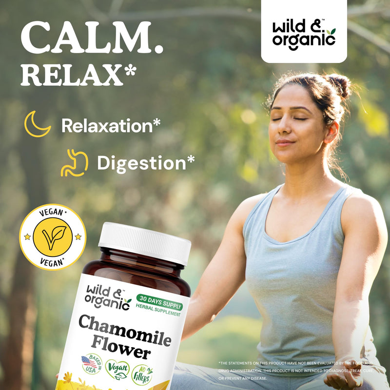 [Australia] - Wild & Organic Chamomile Capsules 800 mg - Relaxation & Digestive Support - Herb Chamomile Extract Supplement - Matricaria Recutita Flower - Vegan, No Fillers, Non-GMO - 60 Count 