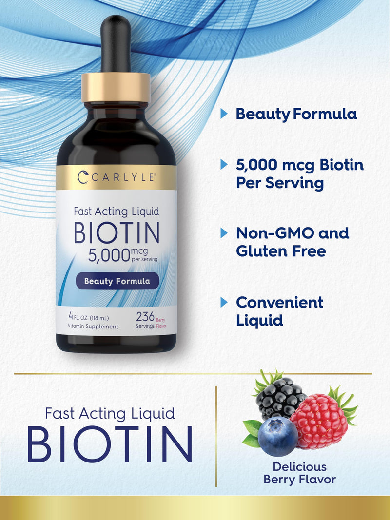 Carlyle Biotin 5000mcg Liquid Drops | 4 fl oz | for Women and Men | Berry Flavor | Beauty Formula | Vegetarian, Non-GMO & Gluten Free Supplement