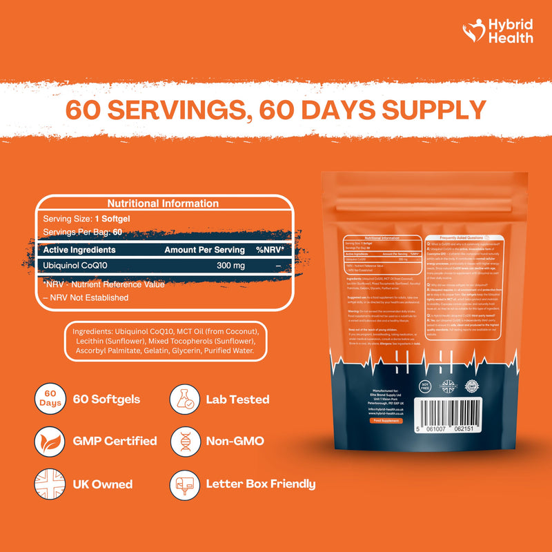 Hybrid Health CoQ10 Ubiquinol 300mg Supplement - 60 Easy-to-Swallow Softgels, 99% Purity Ubiquinol CoQ10, Independently Third Party Tested, 60 Servings, 2 Months Supply