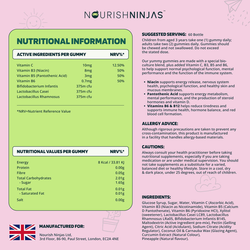 Kids Probiotic Multivitamin Chewable Gummies, Made with a Special Bio-Culture Blend, Plus Added Vitamins C, B3, B5, and B6, No Artificial Colours, Flavours and Preservatives. Age 3+