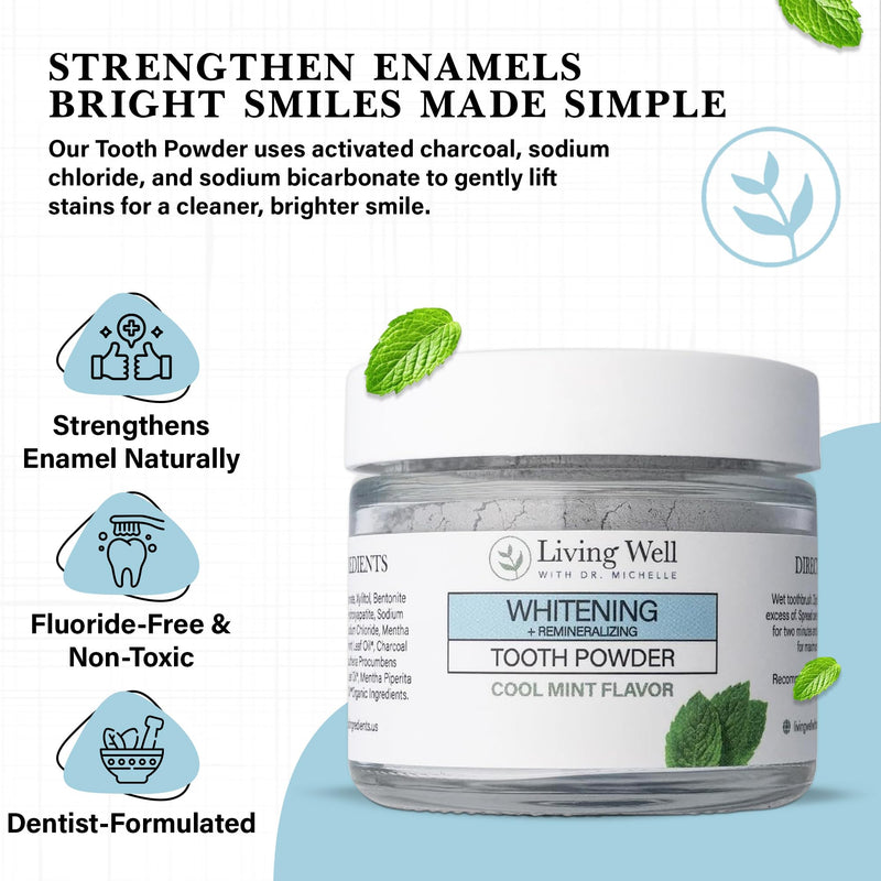 Living Well Dr. Michelle Remineralizing & Whitening Tooth Powder, Cool Mint | Fluoride-Free Hydroxyapatite Formula, Enamel Strength Support and Whitening Whitening - Cool Mint