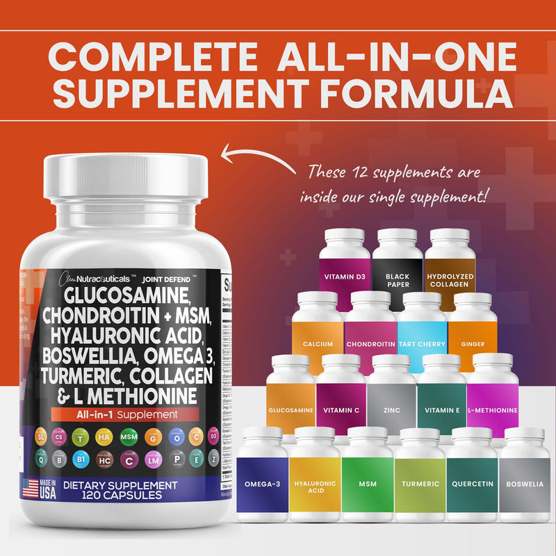 [Australia] - Clean Nutraceuticals Glucosamine Chondroitin MSM Turmeric Hyaluronic Acid Boswellia Collagen Tart Cherry - Joint Support Supplement Omega 3 Pills Ginger Quercetin Capsules - 120 Count USA 