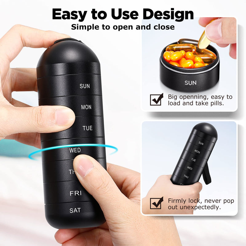 Zannaki Weekly Pill Organizer 7 Day 2 Times a Day, Portable Metal Travel Waterproof AM PM Pill Box,Large Pill Case Container, BPA Free Daily Medicine Organizer Holder for Vitamin, Fish Oil, Supplement Black-xl(2 Times a Day)