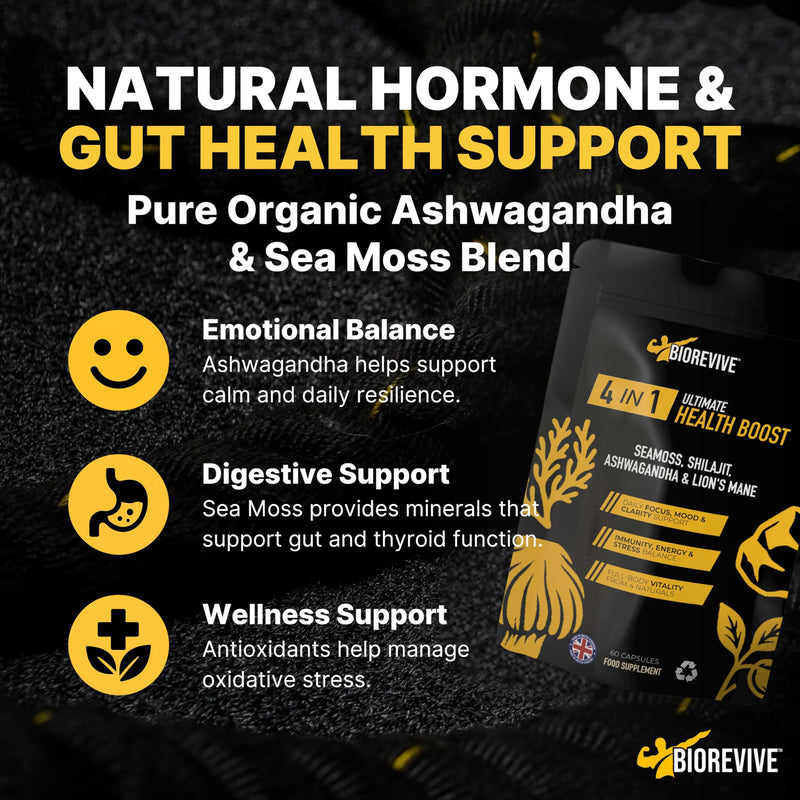 Biorevive Ultimate Health Boost Sea Moss, Shilajit, Lion's Mane and Ashwagandha Complex 60 Capsules Natural Energy, Focus, Immunity and Gut Health Support Wellness Supplement 1 count (Pack of 1)