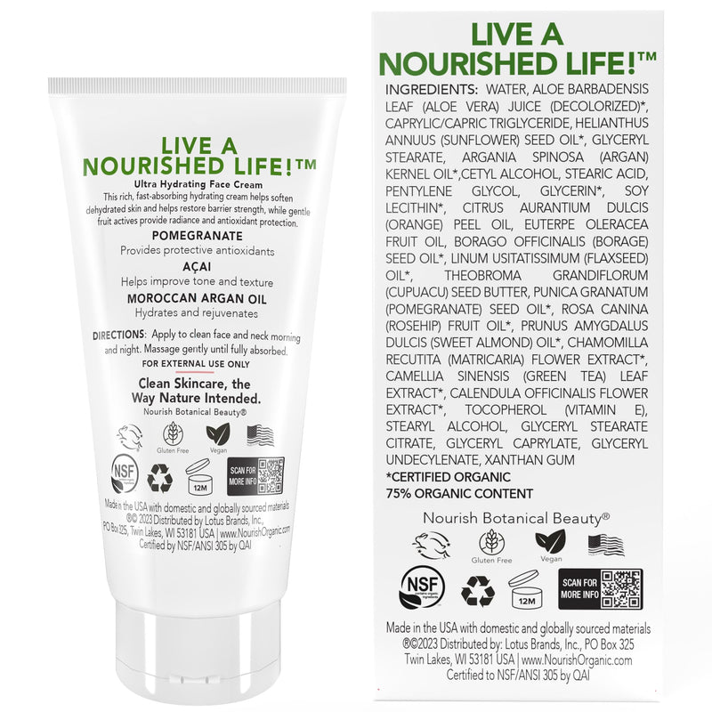 Nourish Organic Face Cream, Pomegranate Acai + Argan – Ultra Hydrating Formula with Aloe Vera & Green Tea Extract, 1.7 Oz + Washable Cotton Round white 1 Count (Pack of 1)
