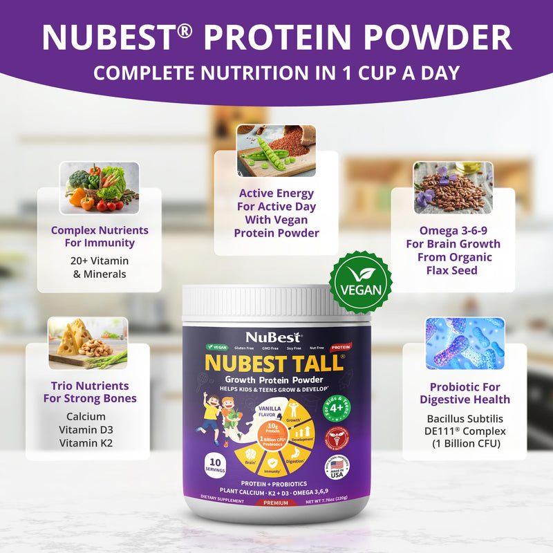 NuBest Tall Vanilla Plant-Based Protein Powder for Kids & Teens - Healthy & Immunity with Probiotics, Omega 3-6-9, Vitamin D3 + K2, Calcium & Vitamins - 10 Servings | 2 Week Supply 7.1 Ounce (Pack of 1)