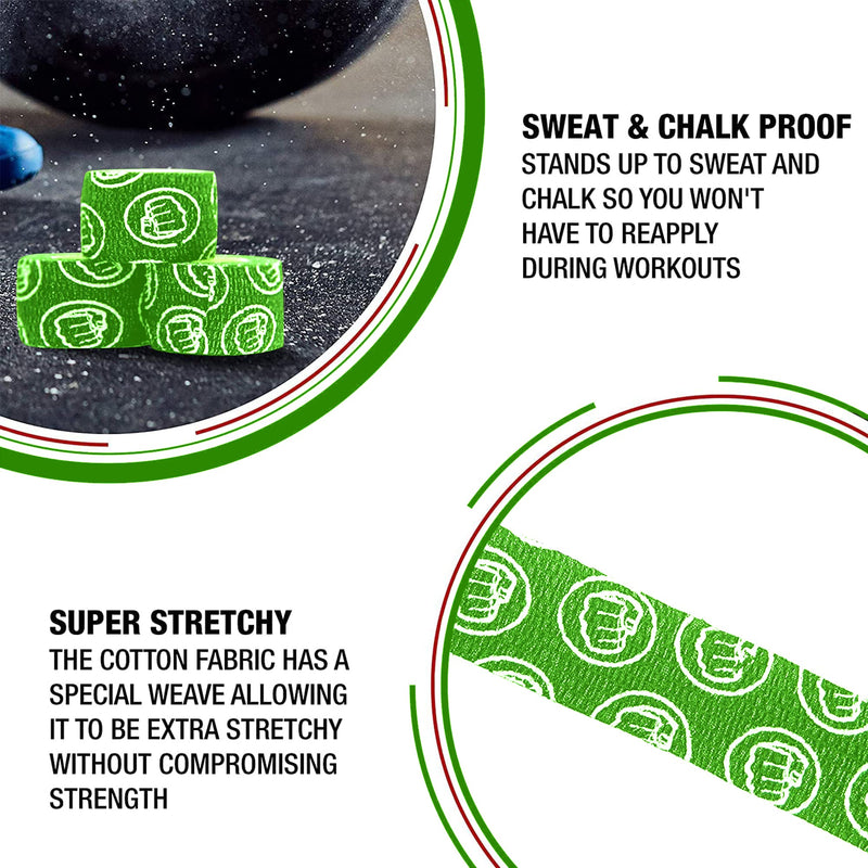 WOD Nation Flexible Hook-Grip Athletic Tape – Easy-Tear, Sweat-Proof Thumb & Finger Strips for Weightlifting 3 Pack Green