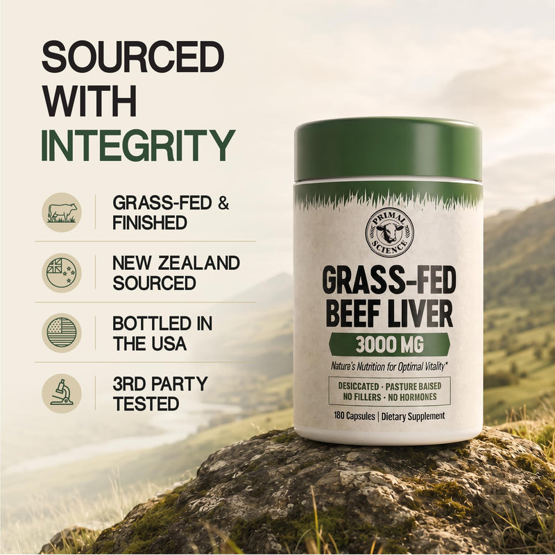 Grass Fed Beef Liver Capsules 3000mg Desiccated Liver Supplement 100% Pasture Raised & Freeze Dried Natural Iron, Vitamin A & B12 for Energy Non-GMO, No Fillers 180 Count