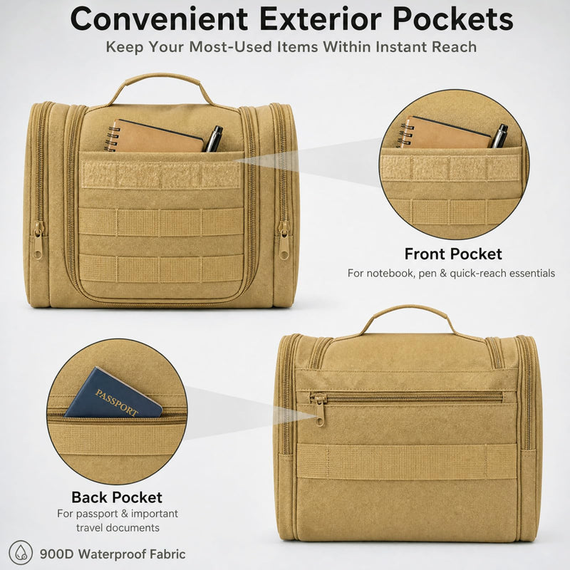 Hanging Toiletry Bag for Men, Mens Travel Toiletry Bag Dopp Kit with Hook | Large Tactical Toiletry Bag,Dry & Wet Pockets,Shower Bag for Toiletries,Travel Hygiene Shaving Bathroom Organizer Bag Khaki