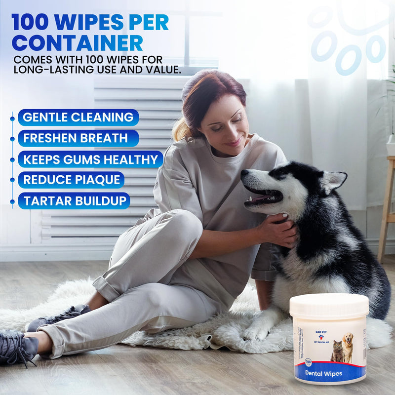 Rad Health Inc Fresh Breath No Brushing Clean Teeth Dental & Oral Care Dental Wipes for Dogs, 100ct - Teeth Cleaning Wipes - Helps Wipe Away Plaque & Tartar - Freshens Breath - No Brushing Required - PawsPlanet Australia